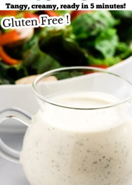 Pinterest pin with a small pitcher of buttermilk ranch dressing in front of a bowl of salad.