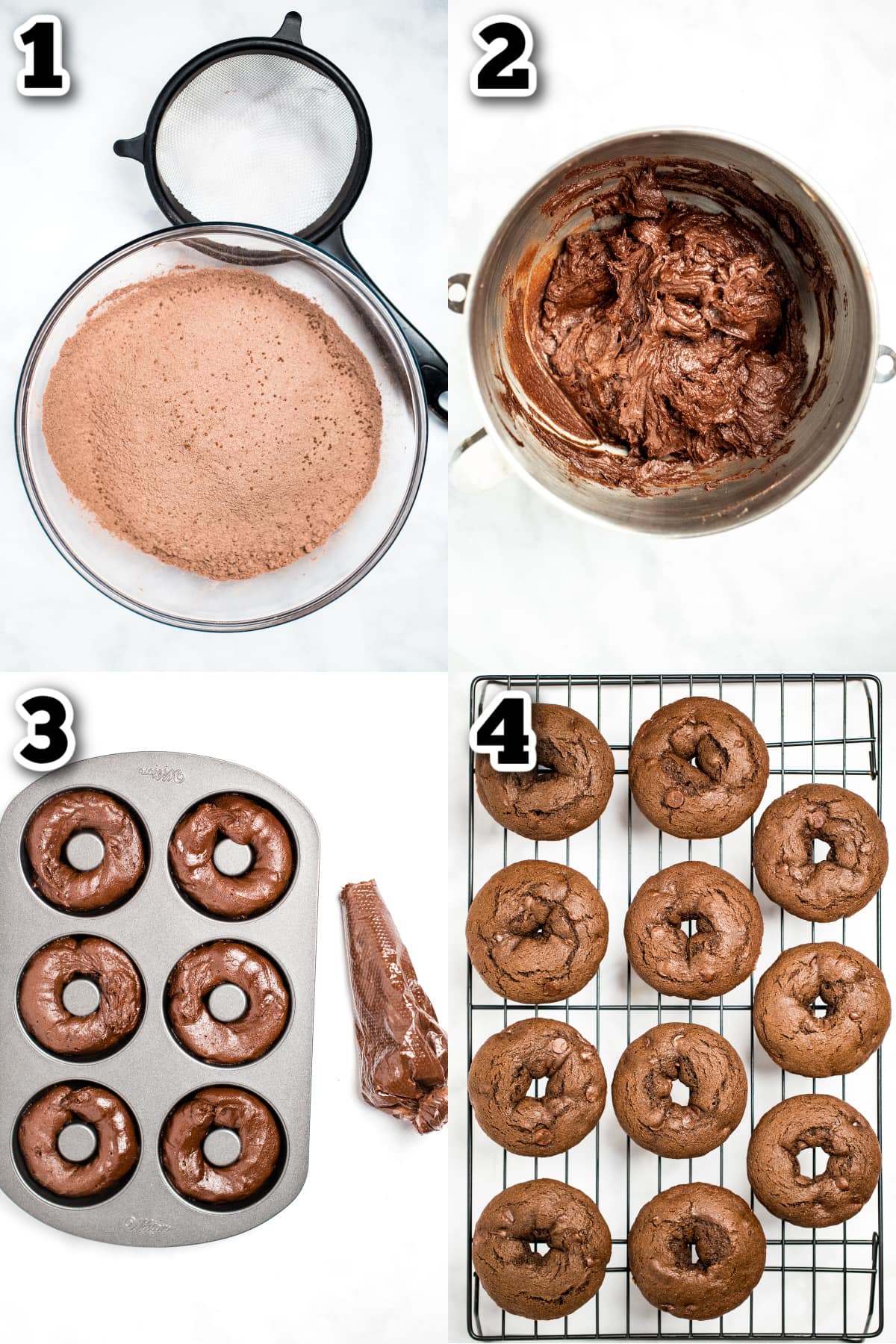 Step by step photos of how to make chocolate donuts.