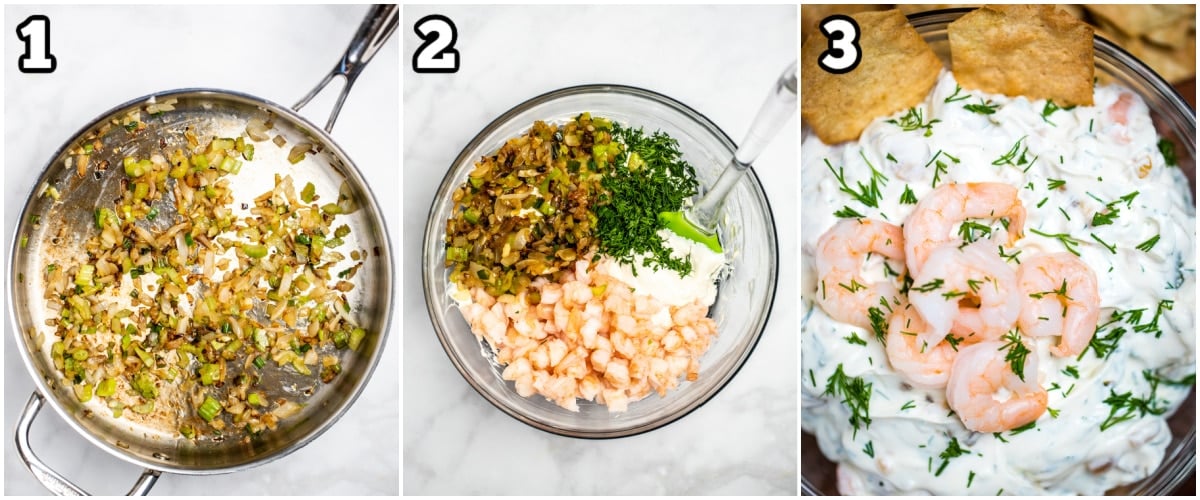 Step by step instructions for how to make cream cheese shrimp dip.