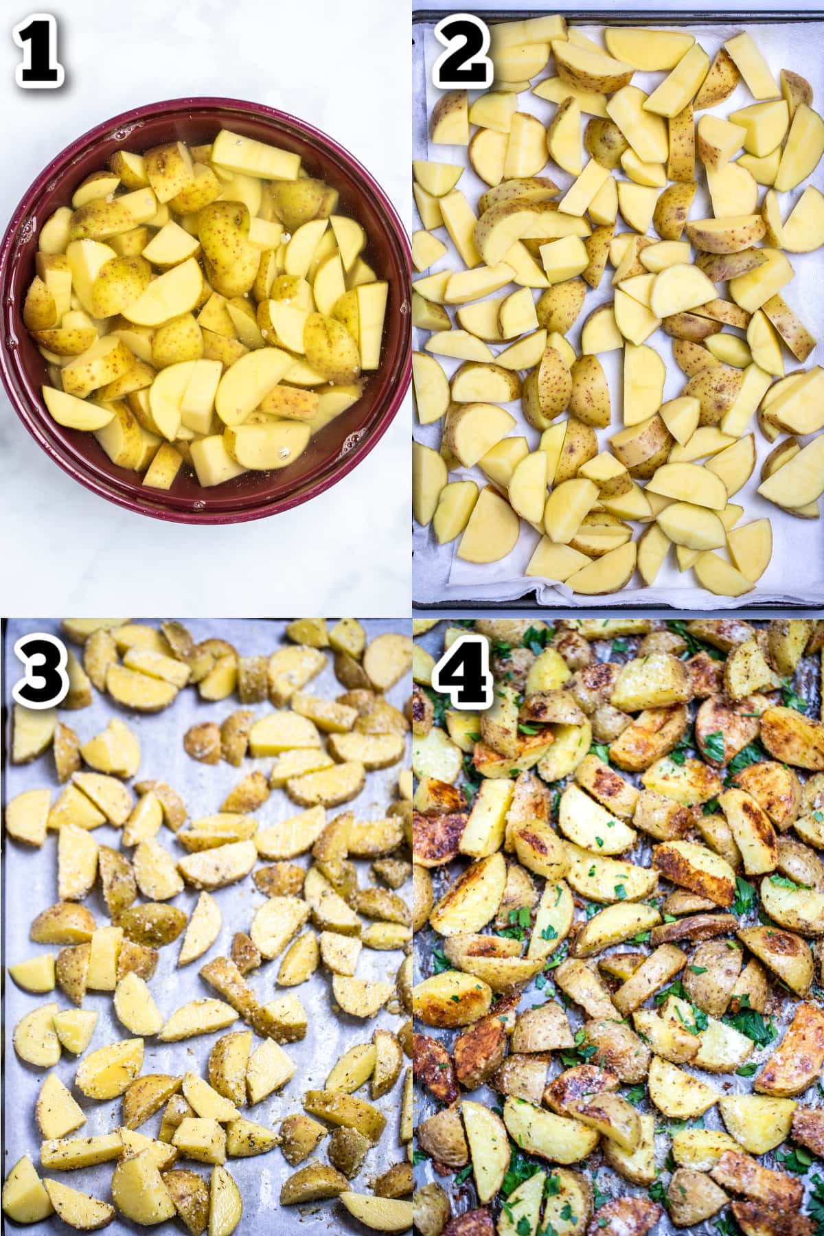 Step by step instructions for how to make garlic parmesan roasted potatoes.