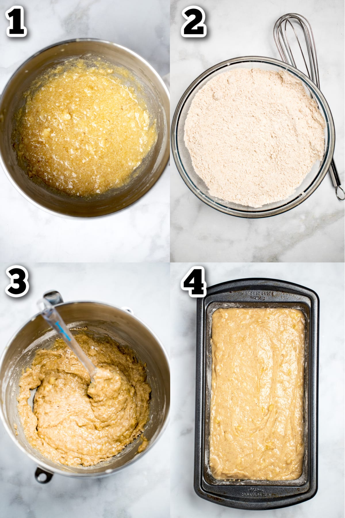 Step by step instructions for how to make gluten free banana bread.