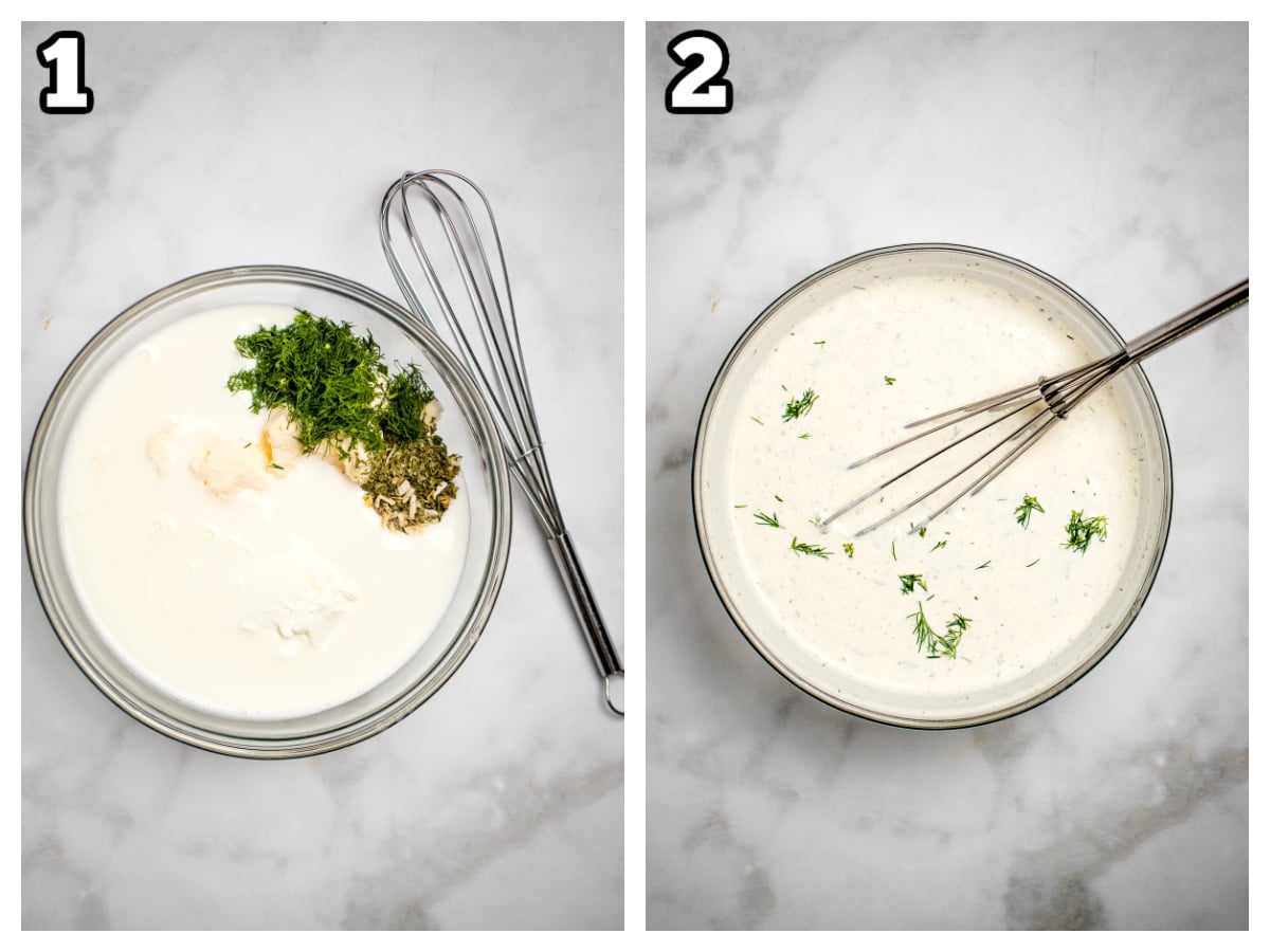 Step by step instructions for how to make buttermilk ranch dressing.