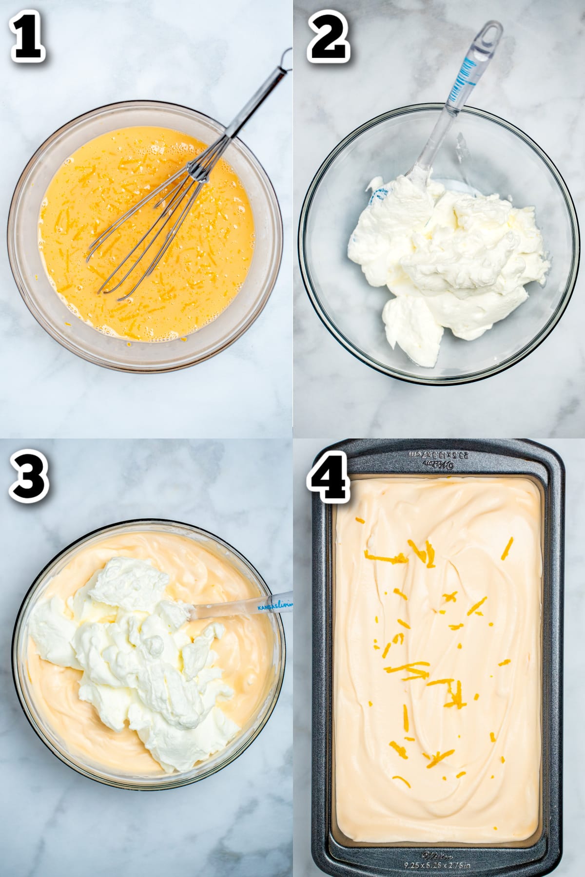 Step by step photos showing how to make orange ice cream.