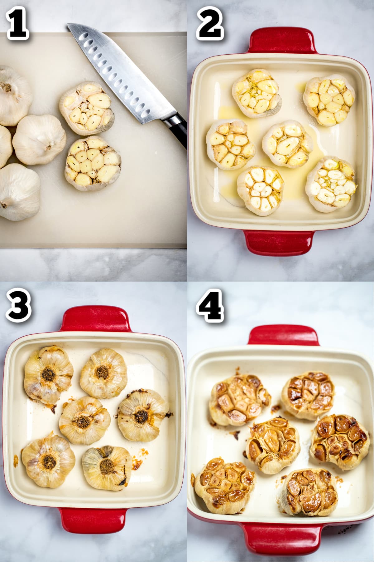 Step by step instructions for how to make roasted garlic bulbs.