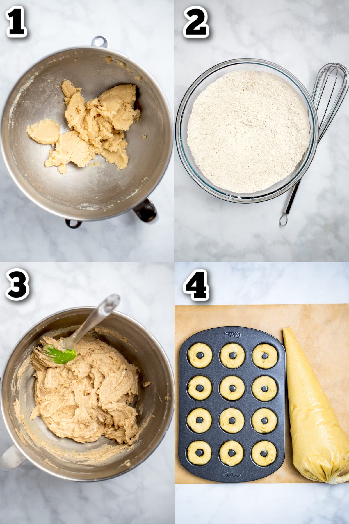 Step by step instructions for how to make powdered sugar donuts.