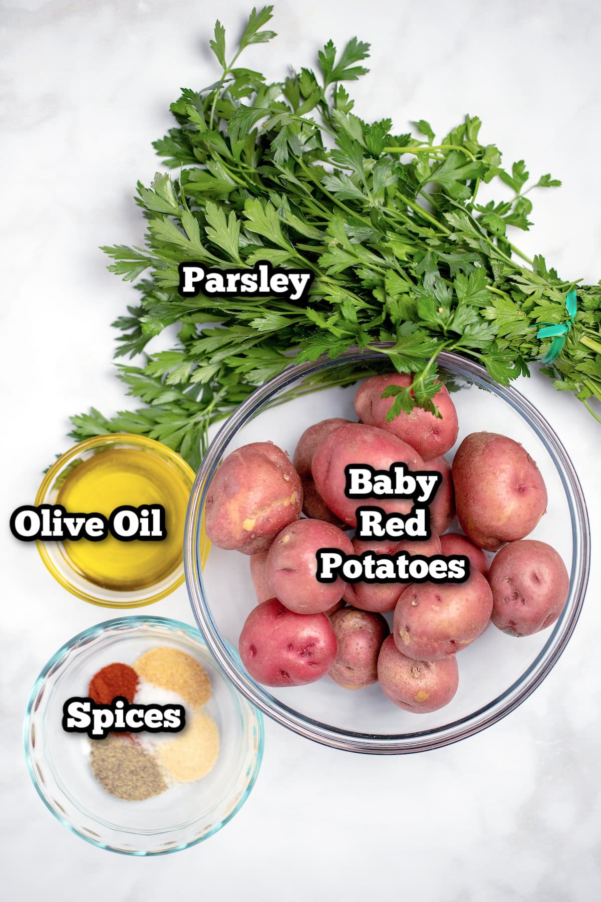 Individual ingredients for air fryer red potatoes.