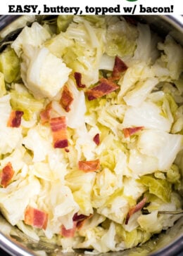 A pinterest pin of fully cooked cabbage topped with crispy bacon pieces in an instant pot.