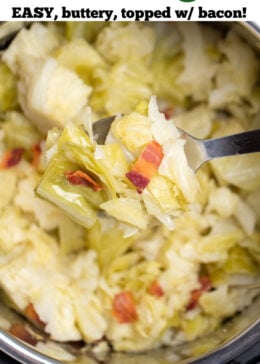 A pinterest pin of a spoon scooping fully cooked cabbage topped with crispy bacon pieces from an instant pot.