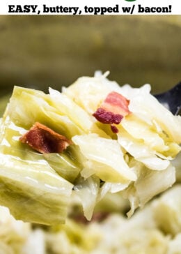 A pinterest pin of a spoon scooping fully cooked cabbage topped with crispy bacon pieces from an instant pot.