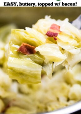 A pinterest pin of a spoon scooping fully cooked cabbage topped with crispy bacon pieces from an instant pot.