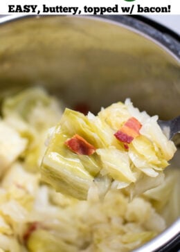 A pinterest pin of a spoon scooping fully cooked cabbage topped with crispy bacon pieces from an instant pot.