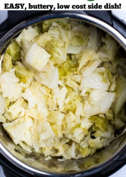 A pinterest pin of an instant pot full of fully cooked buttered cabbage.