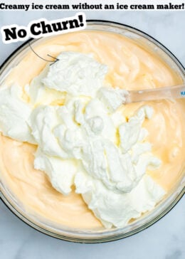A pinterest pin of a bowl of no churn ice cream ingredients.