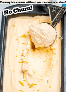 A pinterest pin of a bread pan full of no churn orange ice cream.