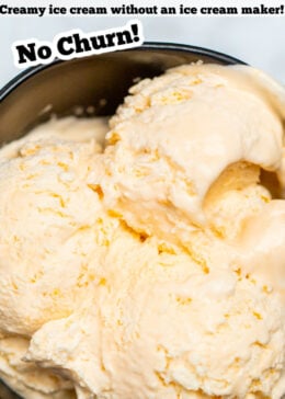 A pinterest pin of a bowl of orange ice cream with a spoon.