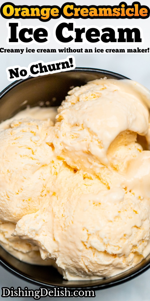 A pinterest pin of a bowl of orange ice cream with a spoon.