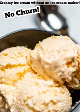 A pinterest pin of a bowl of orange ice cream with a spoon.