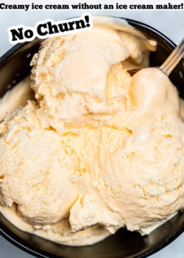 A pinterest pin of a bowl of orange ice cream with a spoon.