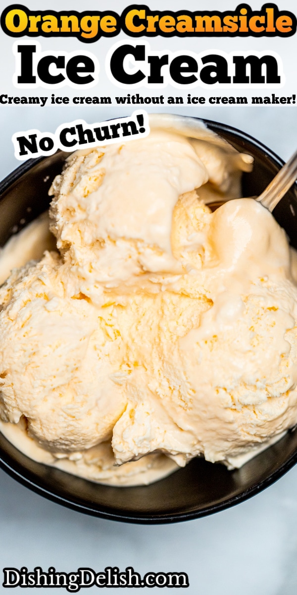 A pinterest pin of a bowl of orange ice cream with a spoon.