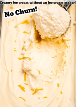 A pinterest pin of a bread pan full of no churn orange ice cream.