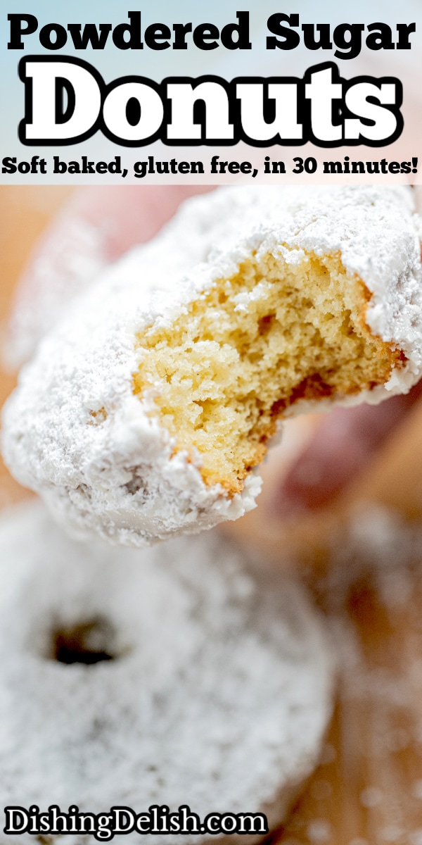 Pinterest pin with a hand holding a powdered sugar donut with a bite taken out of it.