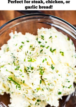 Pinterest pin with a bowl of herb butter on a table.
