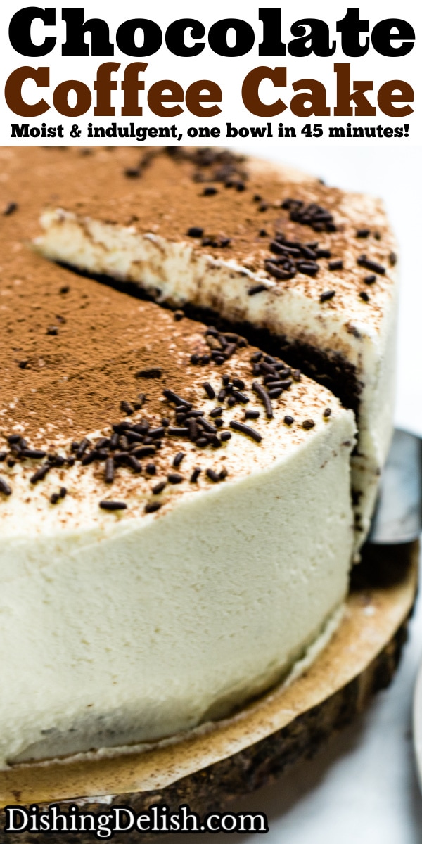 Pinterest pin of chocolate coffee cake with mascarpone frosting decorated on top with chocolate sprinkles and dusted with cocoa powder.