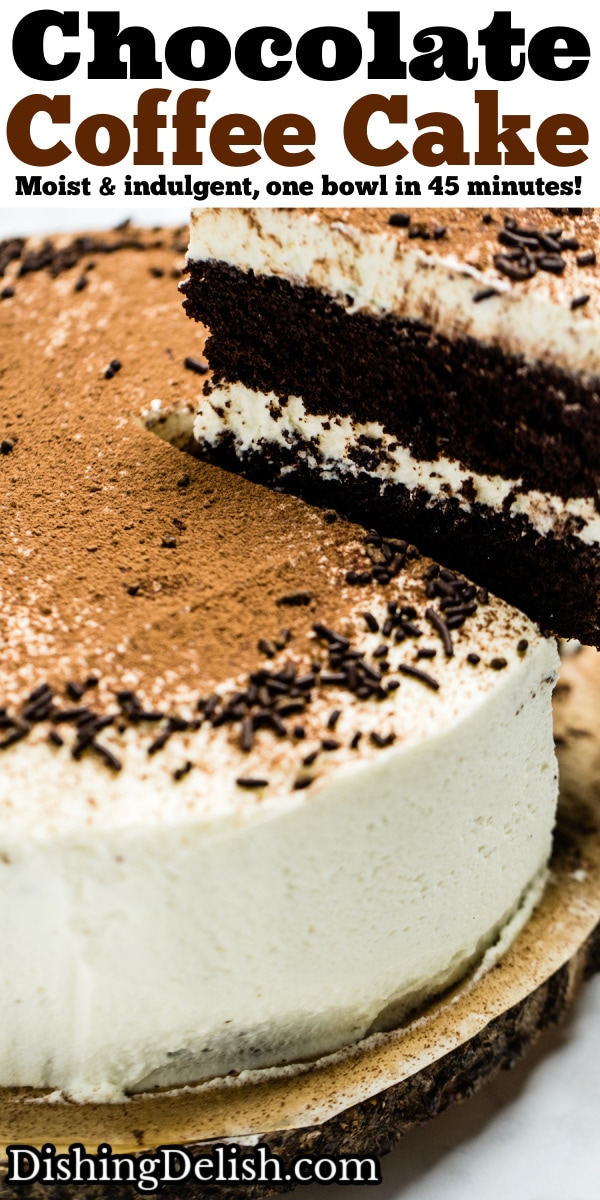 Pinterest pin of chocolate coffee cake with mascarpone frosting decorated on top with chocolate sprinkles and dusted with cocoa powder. A piece of cake is being lifted up.