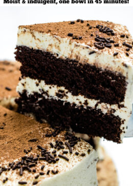 Pinterest pin of chocolate coffee cake with mascarpone frosting decorated on top with chocolate sprinkles and dusted with cocoa powder. A piece of cake is being lifted up.