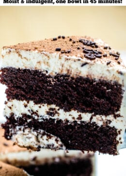 Pinterest pin of chocolate coffee cake with mascarpone frosting decorated on top with chocolate sprinkles and dusted with cocoa powder. A piece of cake is being lifted up.