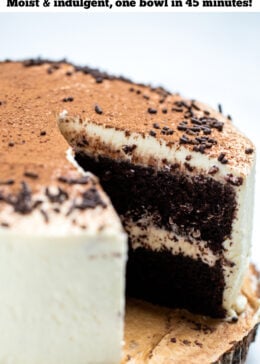 Pinterest pin of chocolate coffee cake with mascarpone frosting decorated on top with chocolate sprinkles and dusted with cocoa powder. A piece of cake is missing.