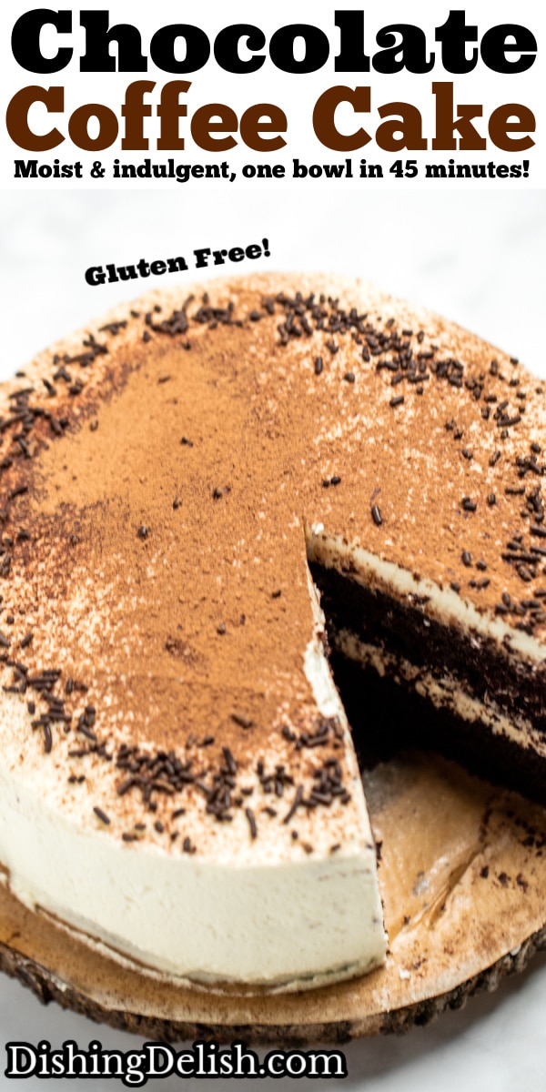 Pinterest pin of chocolate coffee cake with mascarpone frosting decorated on top with chocolate sprinkles and dusted with cocoa powder. A piece of cake is being lifted up.