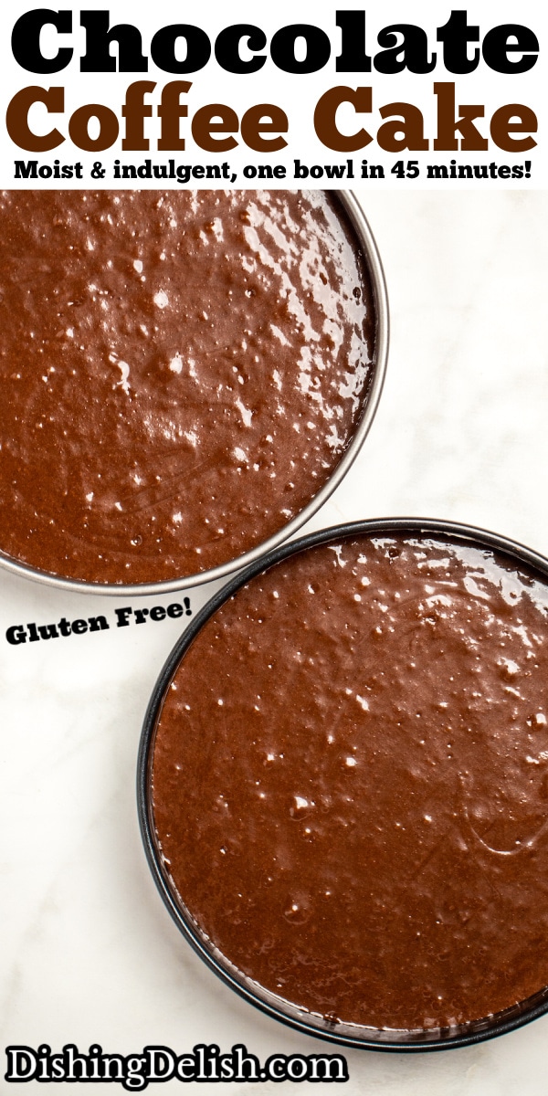 Pinterest pin of chocolate coffee cake batter in two round baking pans.
