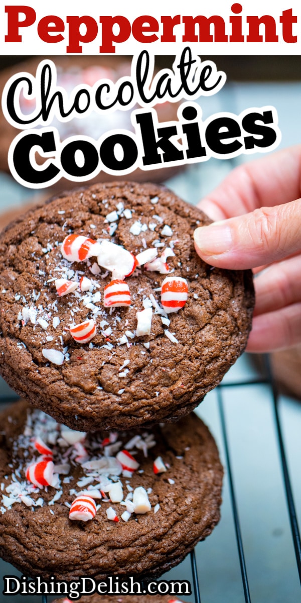A pinterest pin with a hand holding a peppermint chocolate cookie above other cookies on a cooling rack.