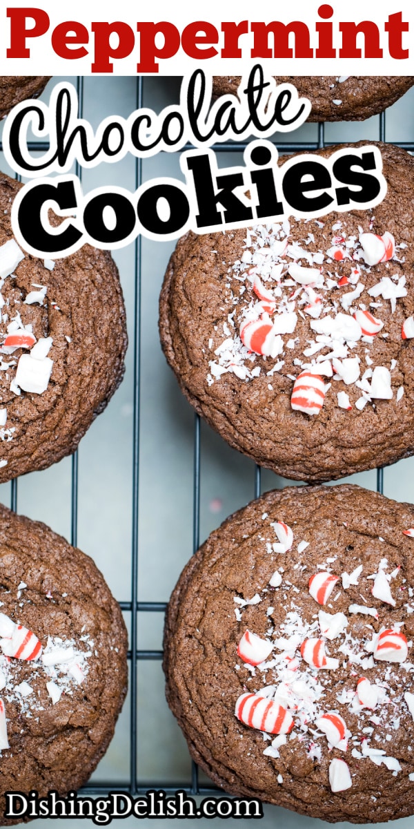 A pinterest pin of a batch of peppermint chocolate cookies cooling on a rack.