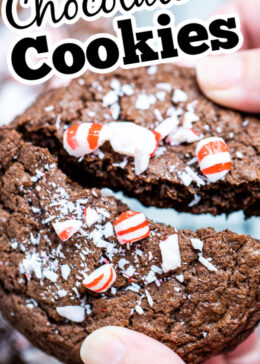 A pinterest pin with two hands breaking a peppermint chocolate cookie in half.