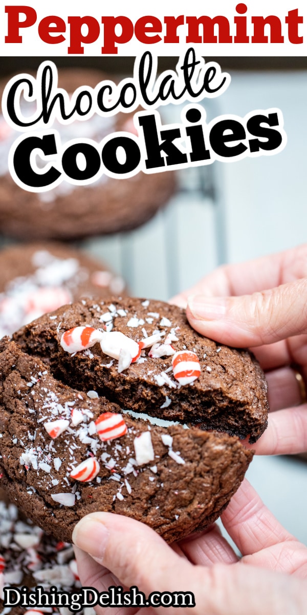 A pinterest pin with two hands breaking a peppermint chocolate cookie in half.
