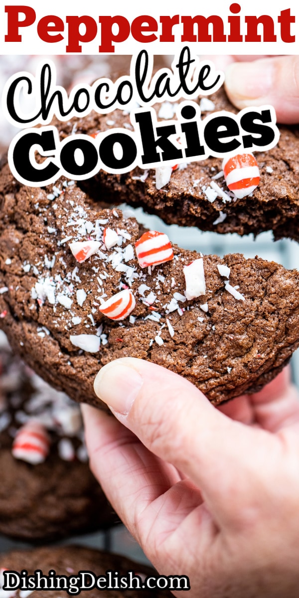 A pinterest pin with two hands breaking a peppermint chocolate cookie in half.