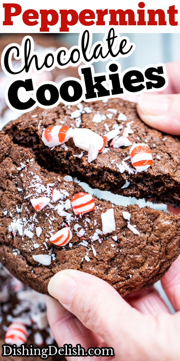 A pinterest pin with two hands breaking a peppermint chocolate cookie in half.