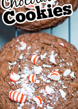 A pinterest pin with a closeup of a chocolate cookie with crushed peppermint candies on top.