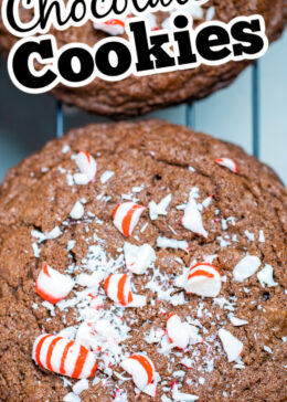 A pinterest pin with a closeup of a chocolate cookie with crushed peppermint candies on top.