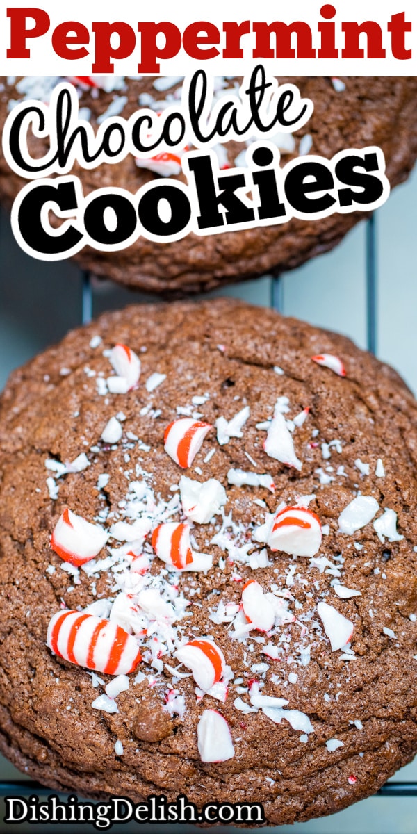 A pinterest pin with a closeup of a chocolate cookie with crushed peppermint candies on top.