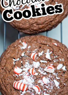 A pinterest pin with a closeup of a chocolate cookie with crushed peppermint candies on top.