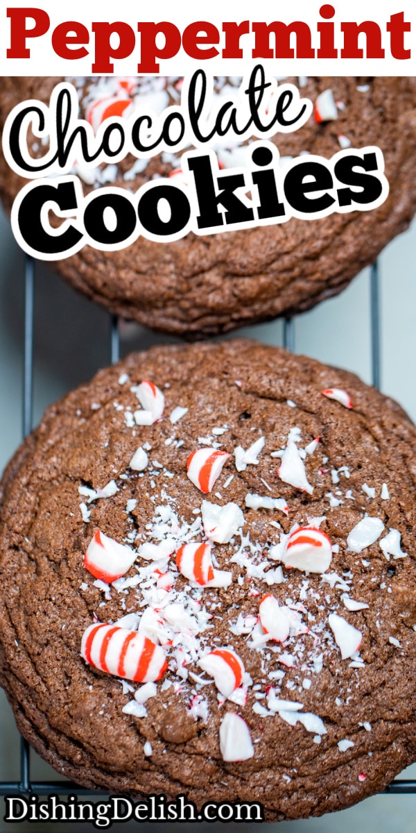 A pinterest pin with a closeup of a chocolate cookie with crushed peppermint candies on top.
