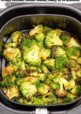 Pinterest pin with an air fryer basket full of broccoli.