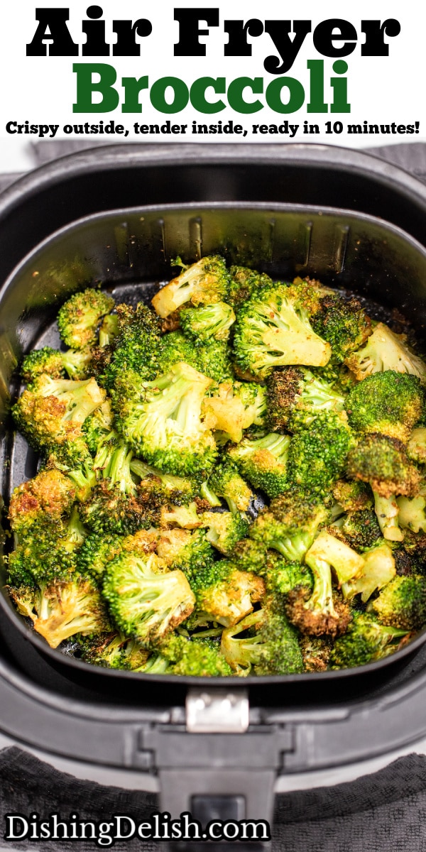 Pinterest pin with an air fryer basket full of broccoli.