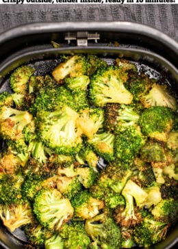 Pinterest pin with an air fryer basket full of broccoli.