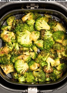 Pinterest pin with an air fryer basket full of broccoli.