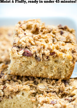 Pinterest pin of a spatula holding a piece of gluten free coffee cake over the baking dish.