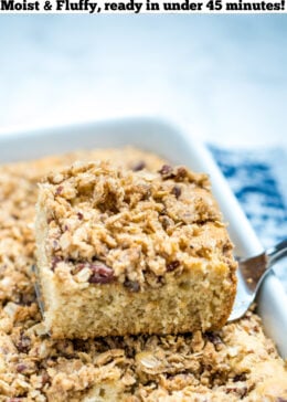 Pinterest pin of a spatula holding a piece of gluten free coffee cake over the baking dish.